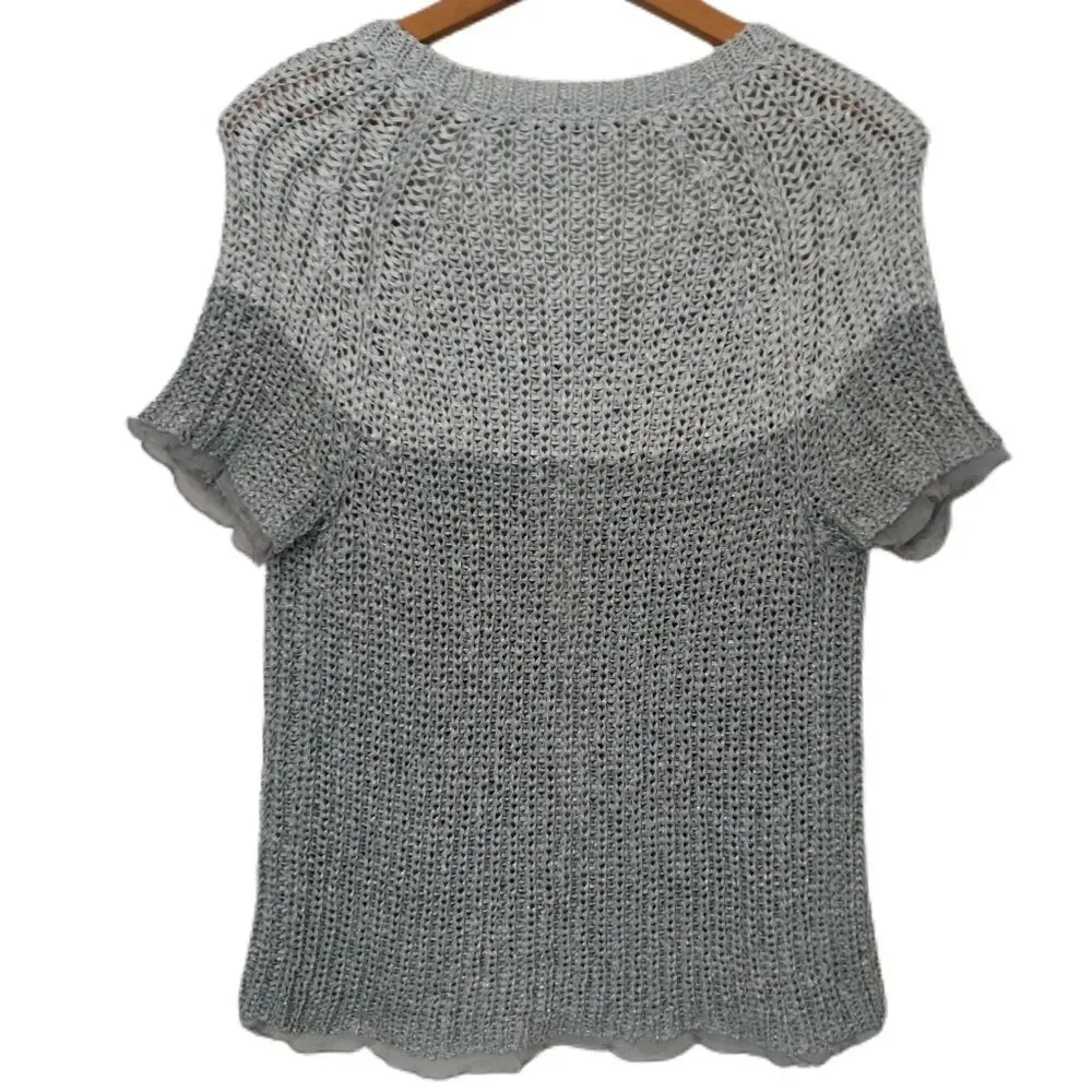 Chicos Open Knit Cardigan Sz 0 S‎ Sweater Short Sleeve Shrug Capsule Luxury Gray